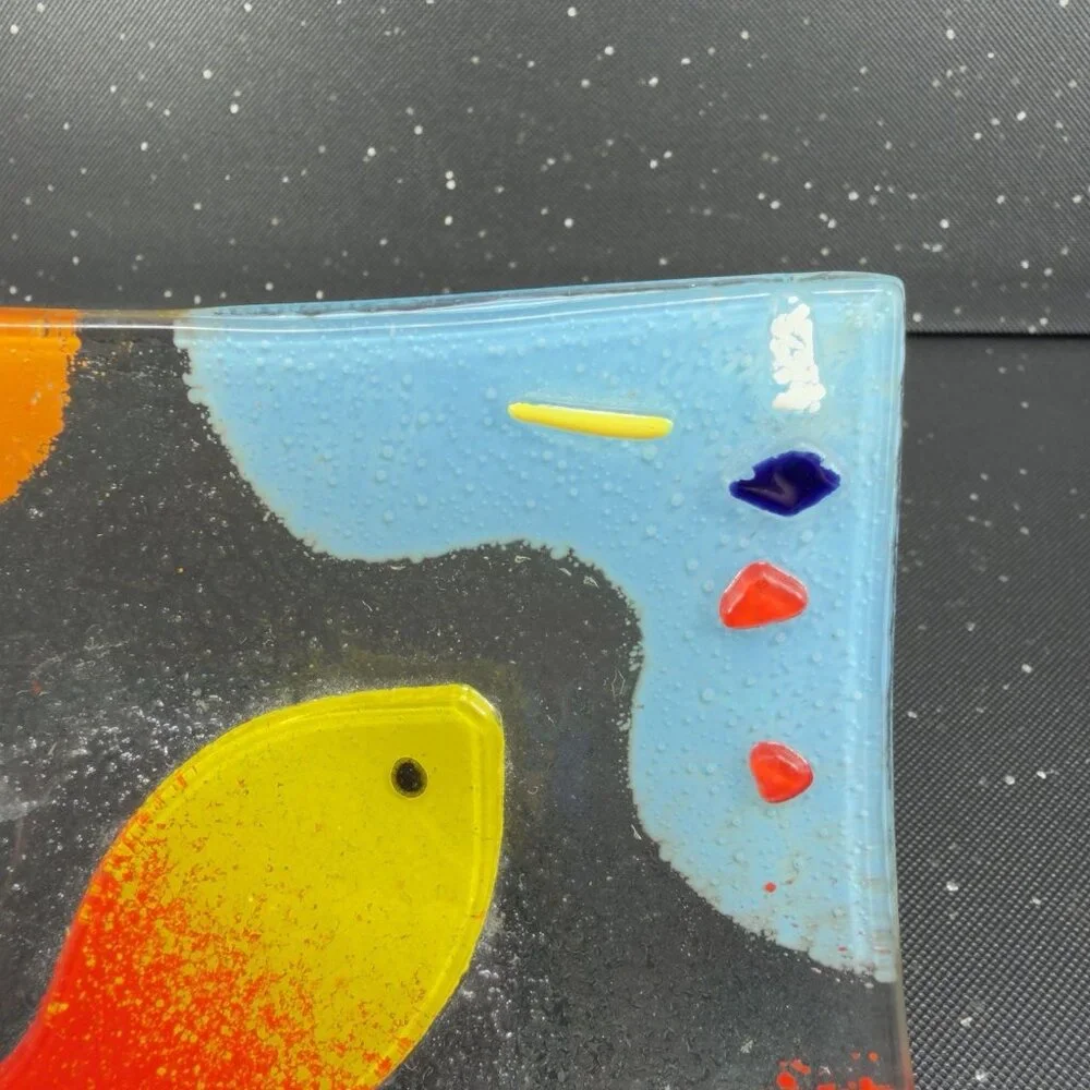Square Fused‎ Art Glass Multicolor Dish Plate With Fish Textured Trinket Holder